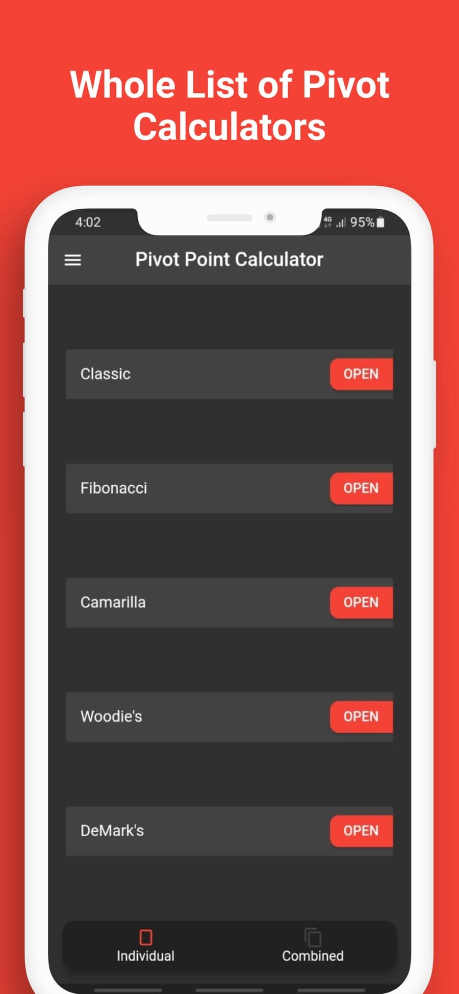 The Pivot Point Calculator home screen under the caption Whole List of Pivot Calculators. Classic, Fibonacci, Camarilla, Woodie's and DeMark's each sit on a row with a red Open button. A bottom bar switches between Individual and Combined.